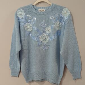 Vintage Sweater with Floral Embroidery Blue Ramie Cotton‎ size Small